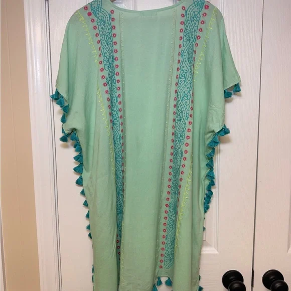 Spartina 449 Aqua Kaftan Cover Up Embroidered Tassel Boho Beach OS NWT Colorful - Picture 6 of 11